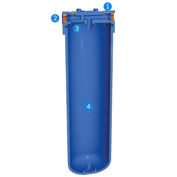A cross-sectional diagram of a blue filter bottle