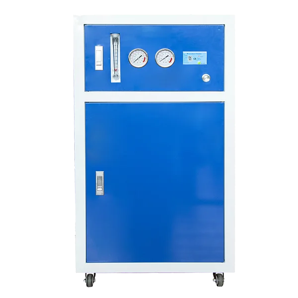 A blue and white box-type commercial RO water purifier
