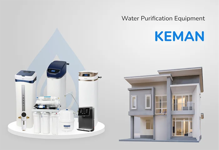 On a display stand, there are different types of water purification equipment.