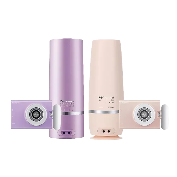 2 countertop water softeners in different colors for washing purposes