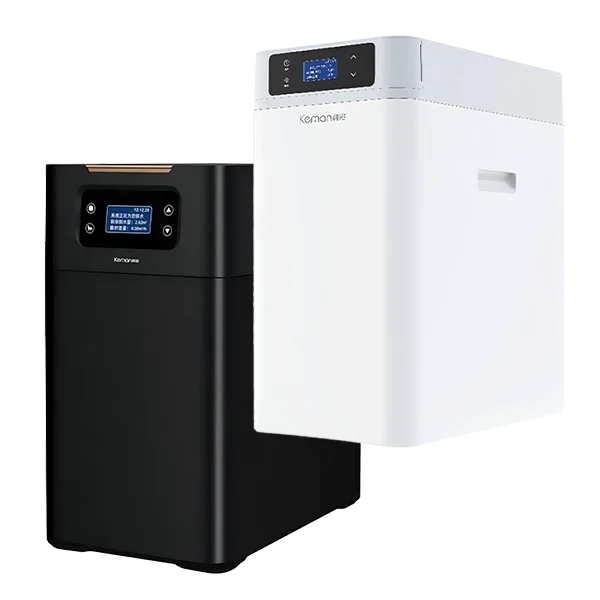 A white dual-tank water softener and a black dual-tank water softener