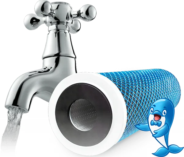 Nuonuo is smiling and standing next to a faucet and filter cartridge.