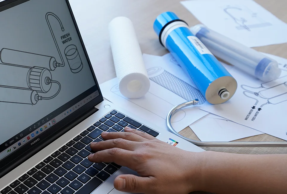 A hand rests on a laptop, with various water purifier components on the table.
