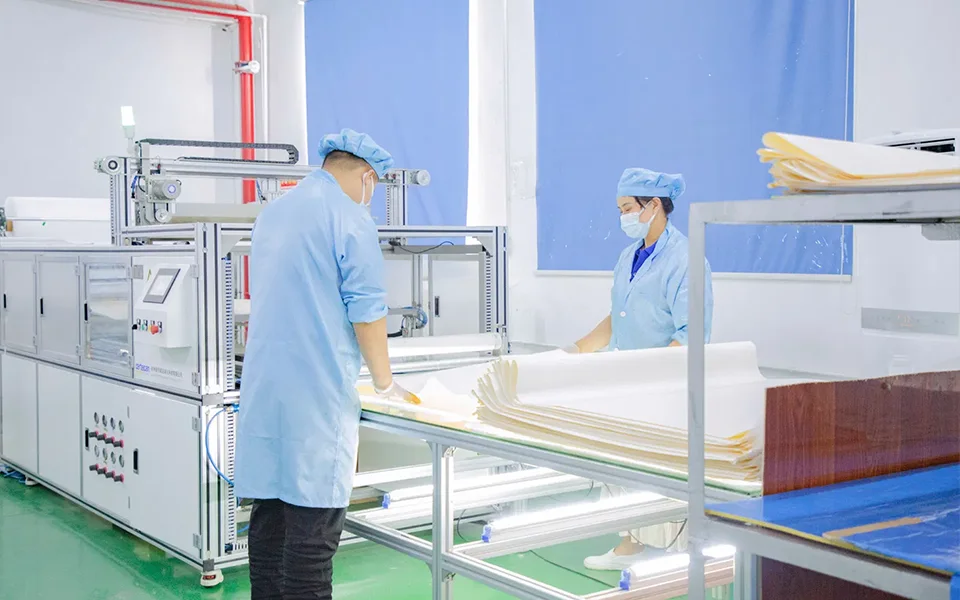 2 workers are handling RO membranes in front of the machine.