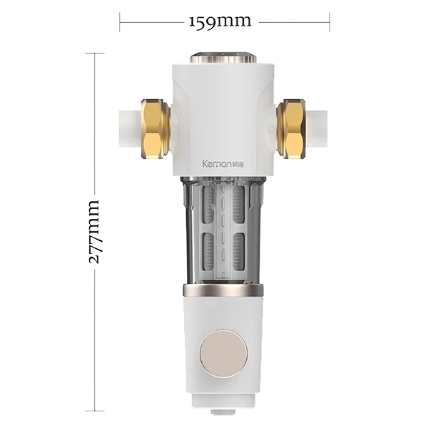 A KM-PF-02 self-cleaning pre-filter dimension diagram