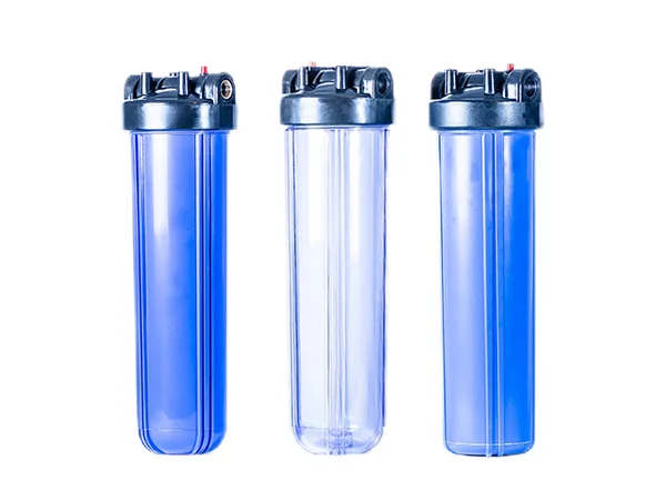 Three large filter housings in different colors