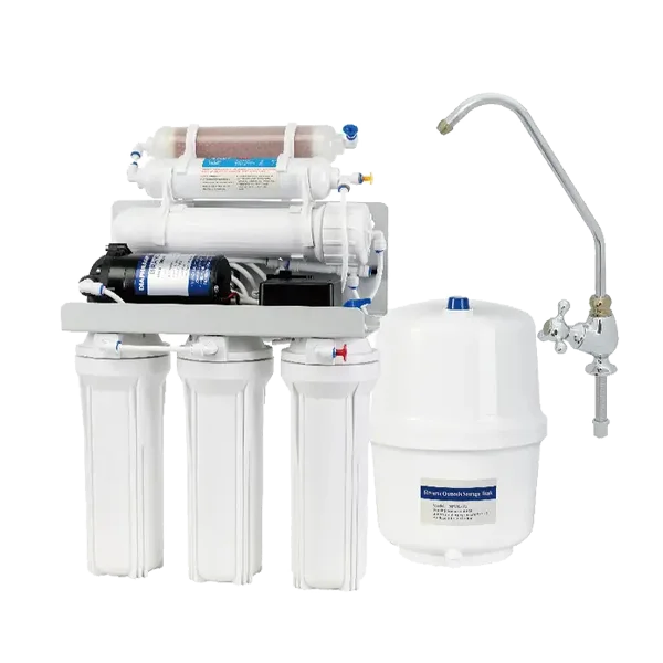 RO water purifier with mineralization filter, faucet, and storage tank
