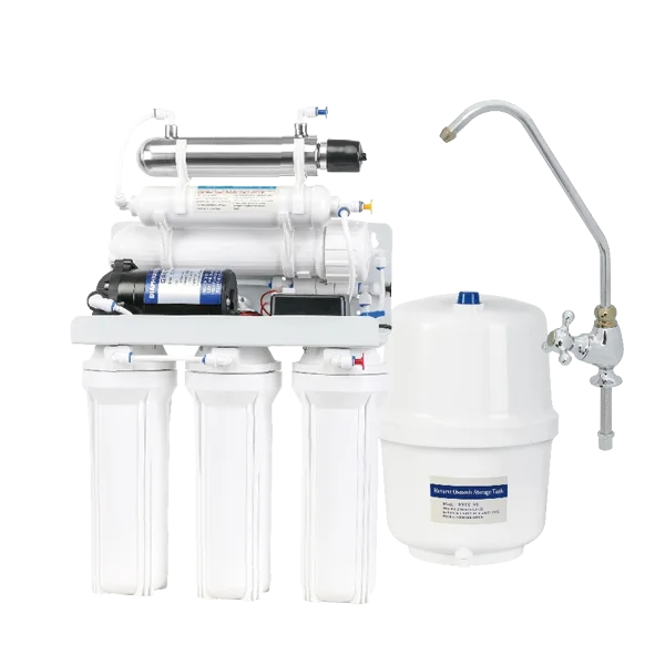 RO water purifier with UV sterilizer, faucet, and storage tank