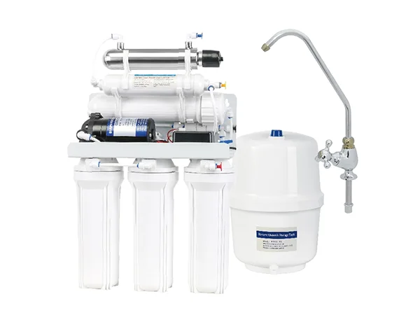 RO water purifier with UV sterilizer, faucet, and water storage tank