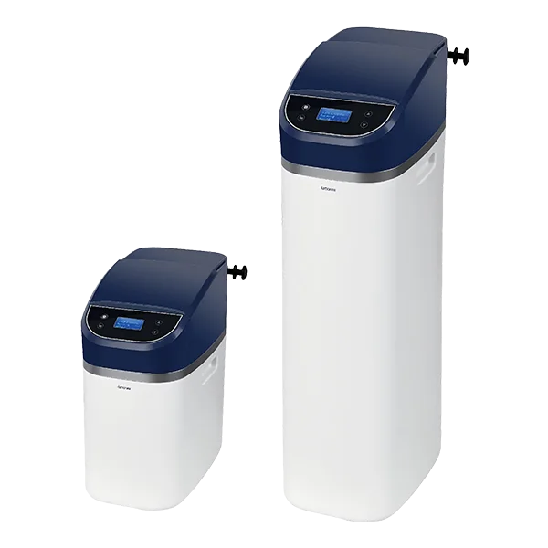 2 central water softeners in blue and white of different sizes