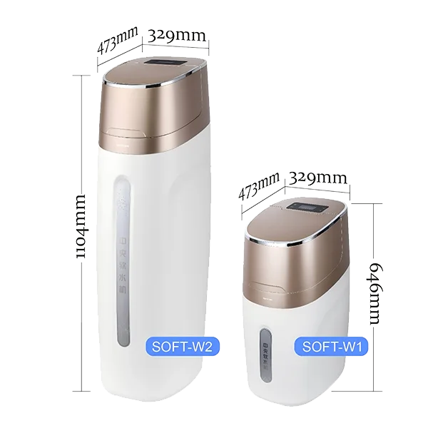 Diagrams of 2 platinum-colored central water softeners of different sizes