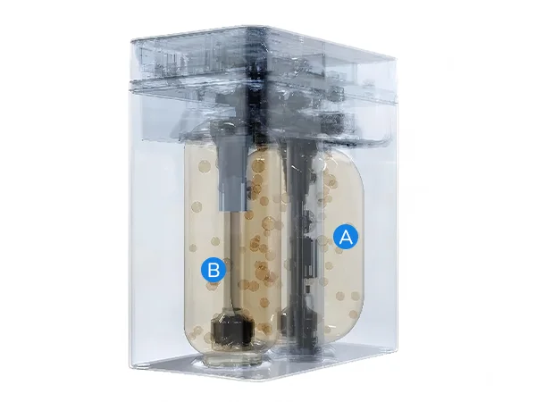 A cross-sectional view of the dual-tank water softener.