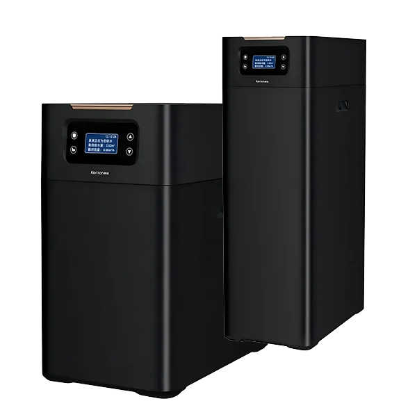 2 black dual-tank water softeners of different sizes
