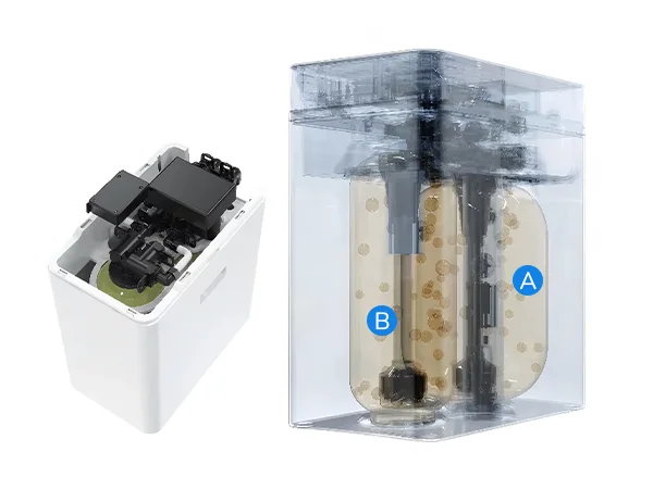 A top view and a cutaway view of the dual-tank water softener.