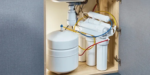 Un sistema de tanque RO instalado debajo de un fregadero