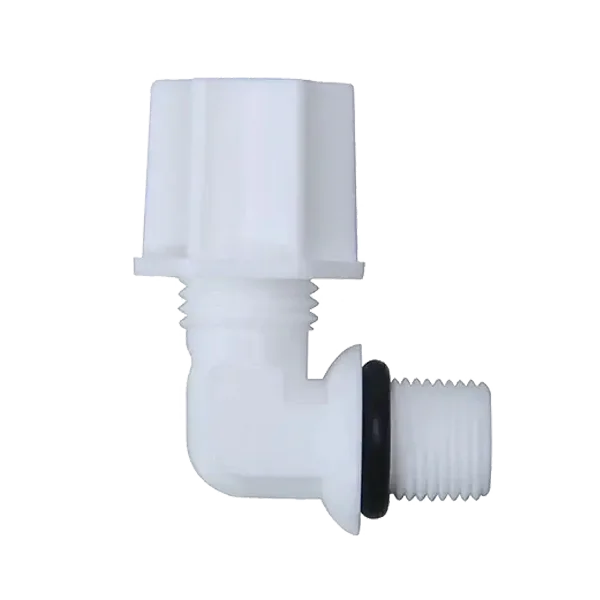 A white threaded water purifier connector with a black rubber ring