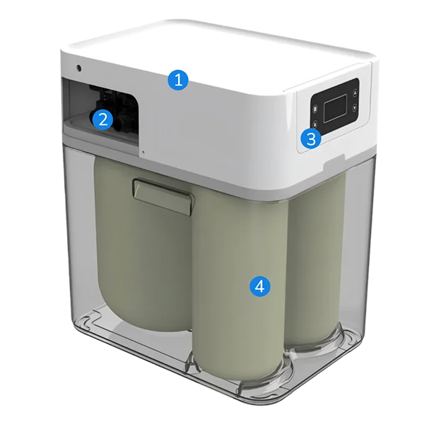A structural cutaway view of a three-tank water softener
