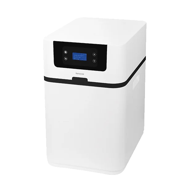 A white three-tank water softener