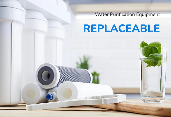 A glass of water and various types of water purifier accessories are displayed.