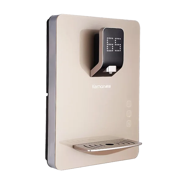 A golden wall-mounted instant hot pipeline water dispenser with smart buttons