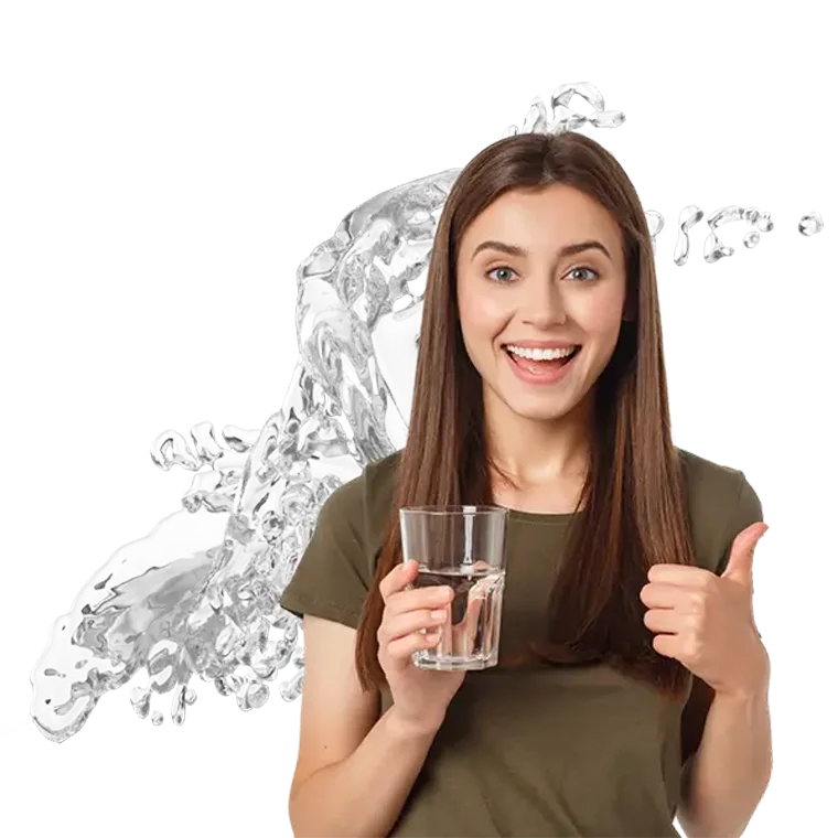 A woman is holding a water cup, smiling and giving a thumbs up.