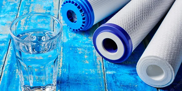 Tres filtros diferentes y un vaso de agua sobre una tabla de madera